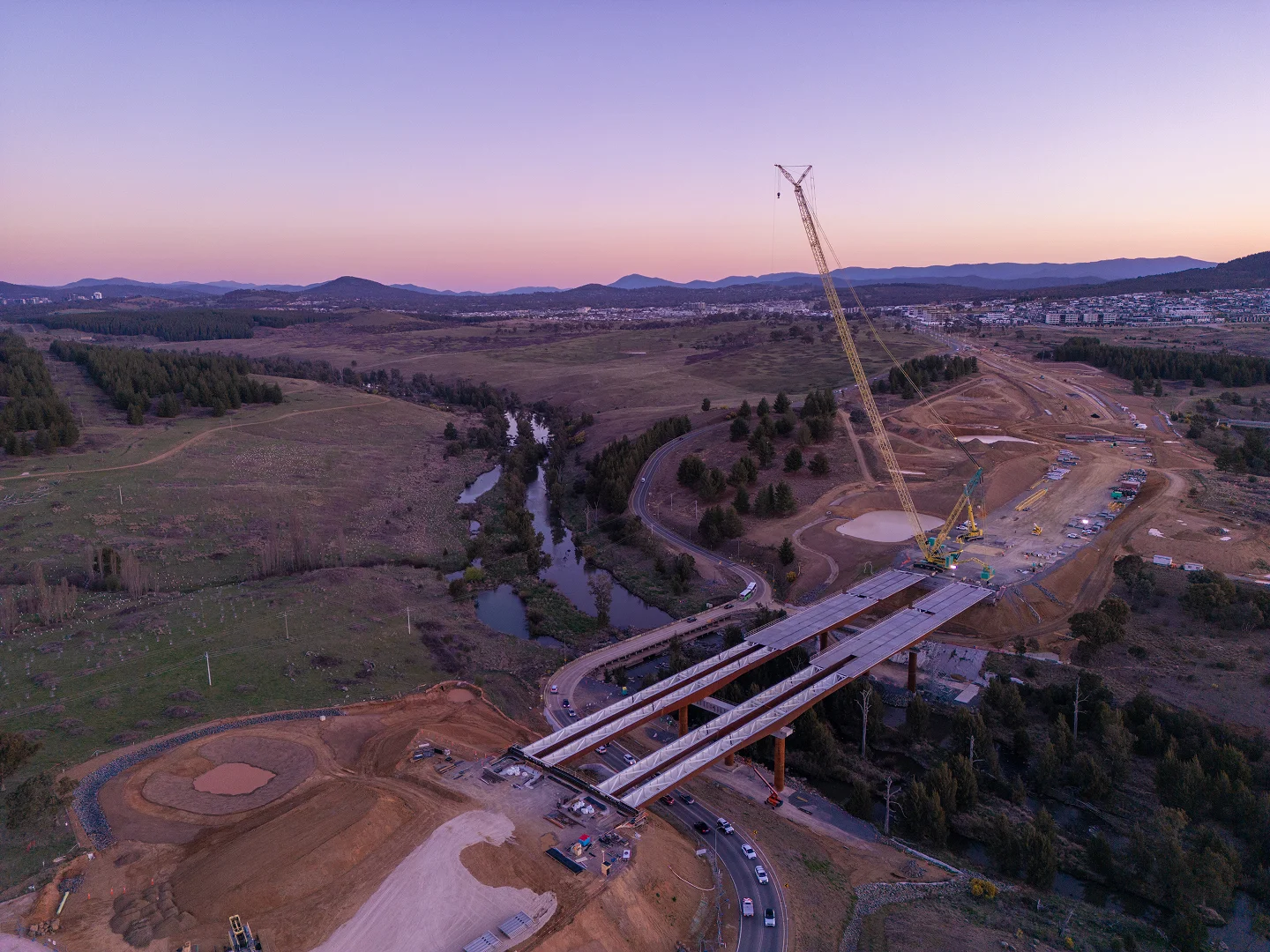 Molonglo River Bridge crossing at dusk during construction