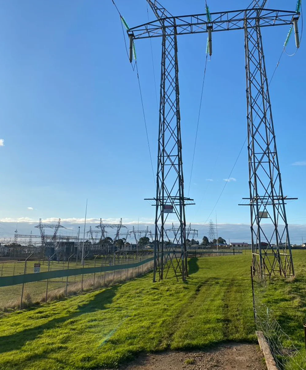 High-voltage transmission towers on the North West Transmission Developments corridor